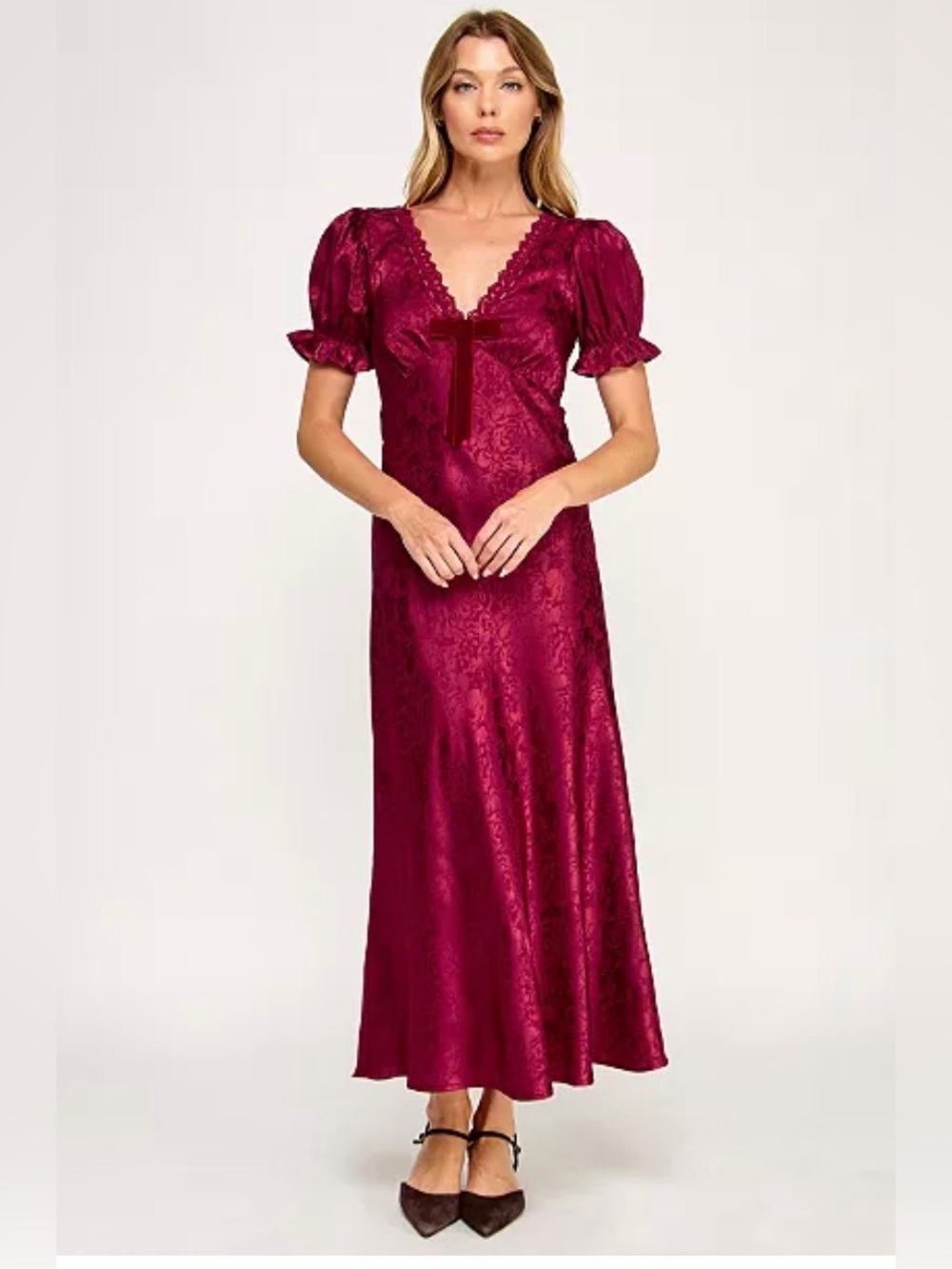 Elegant Burgundy Satin Maxi Dress with Puff Sleeves